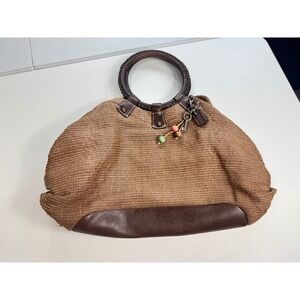 Fossil Brown Woven Circle Handle Satchel Bag Charm Floral Interior